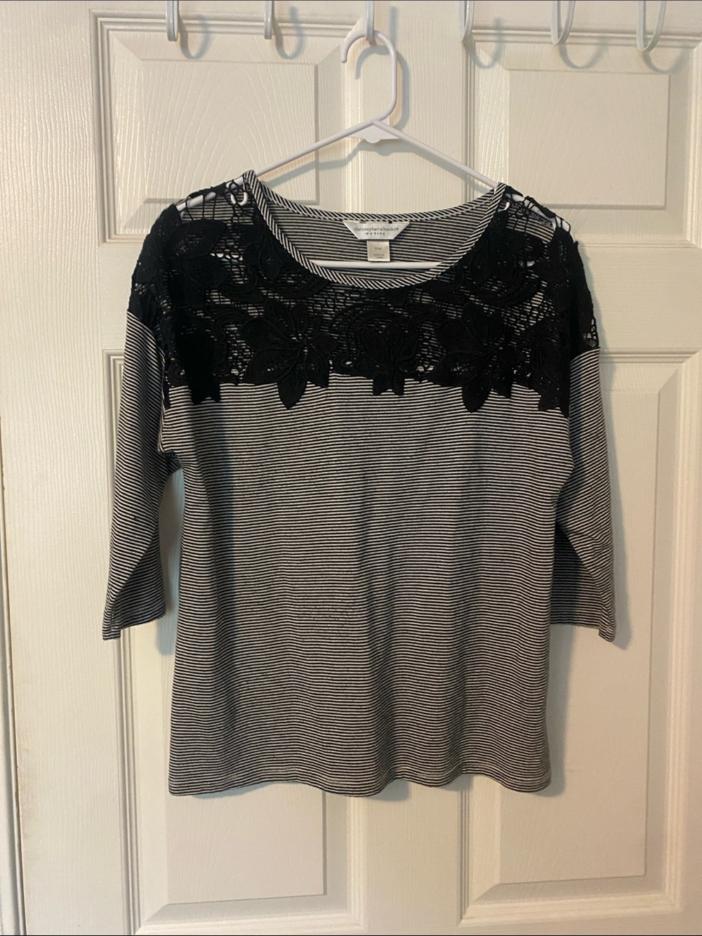 Christopher banks Black Lace Yoke Striped Long Sleeve Top